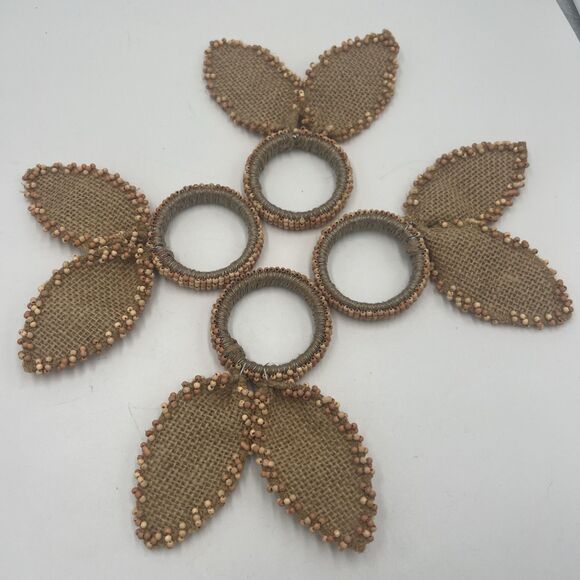 Nicole Miller Other - 4 Nicole Miller Napkin Ring Easter Bunny Ears Beaded Burlap Tan Set Shabby Chic